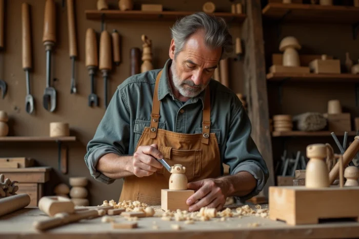 Artisan sculpteur sur bois en train de tailler une figurine en bois avec un ciseau dans un atelier traditionnel