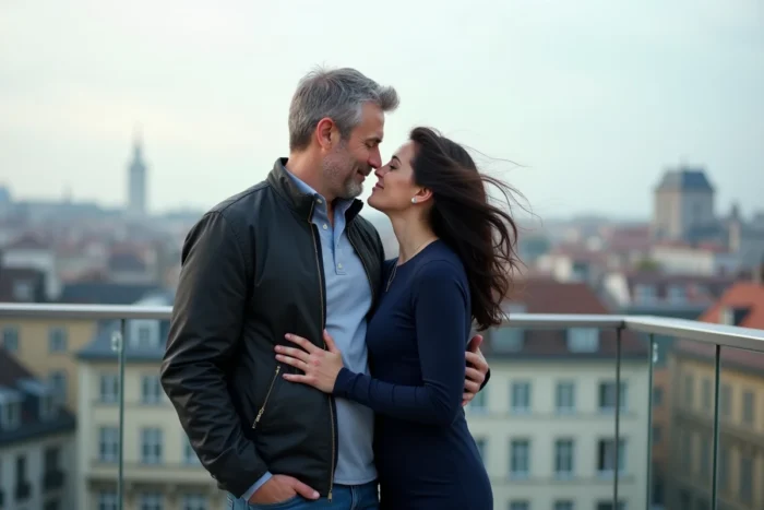 Couple élégant sur une terrasse urbaine européenne, Sébastien Loeb et sa nouvelle compagne Laurène Godey