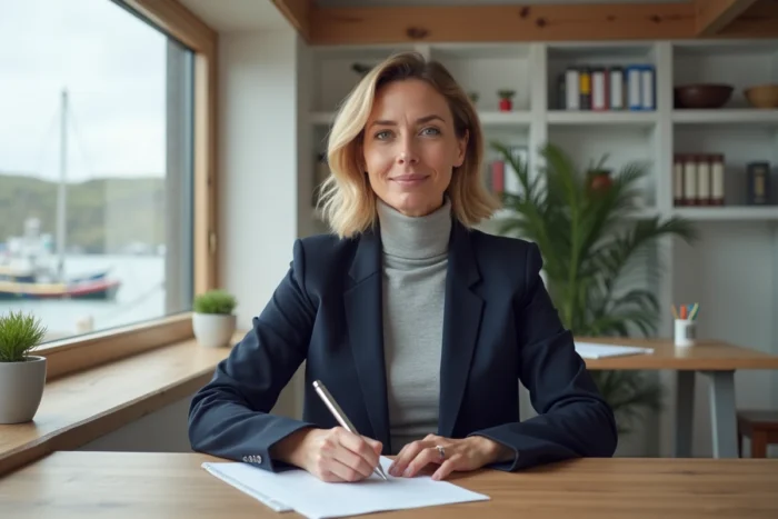 Femme professionnelle signant un contrat d'achat immobilier dans un bureau notarial aux Îles Féroé avec vue sur le port