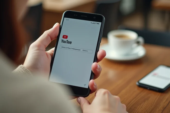 Gros plan sur un smartphone affichant un site de conversion YouTube en MP3 gratuit tenu à la main dans un café
