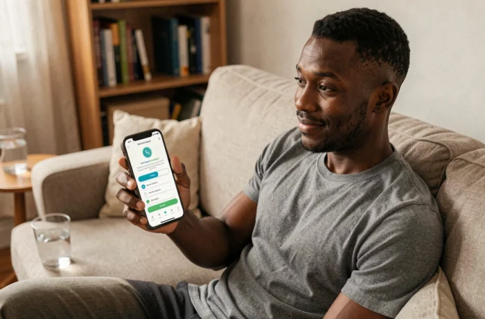 Homme africain répondant à un sondage rémunéré sur son smartphone depuis son salon