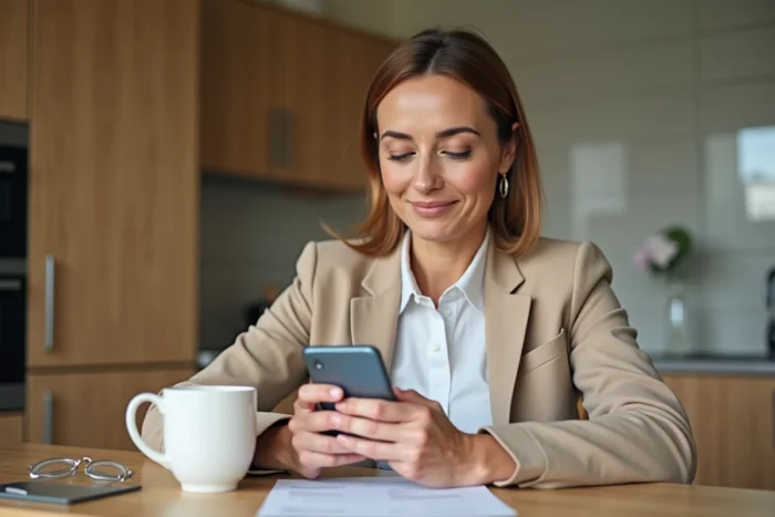 Femme photographiant sa facture de verres Zeiss avec son smartphone pour soumettre un remboursement à sa mutuelle en ligne