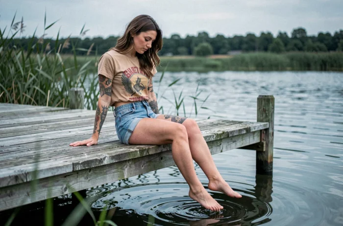 Femme assise sur un ponton au bord d'un lac, illustrant l'emplacement d'un tatouage à l'aine sous le short en jean