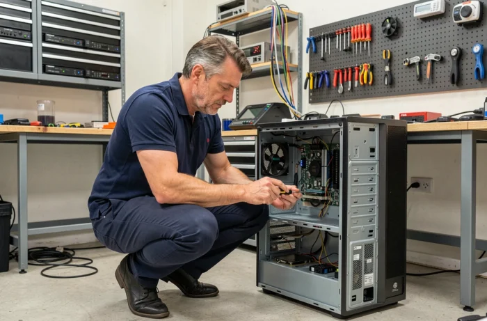 Technicien informatique réparant un ordinateur de bureau dans un atelier professionnel