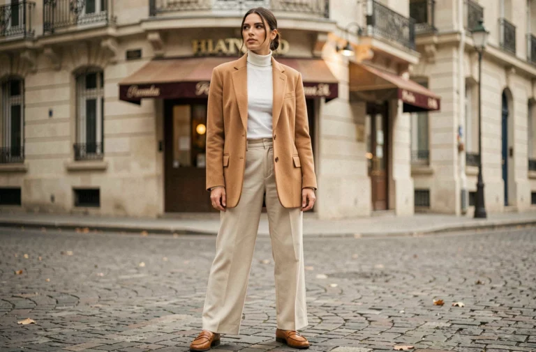 Femme élégante en blazer camel oversize et pantalon large écru sur un pavé parisien, incarnant les tendances mode automne 2024
