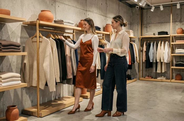 Deux femmes aux styles tendance 2024 dans une boutique de mode minimaliste, explorant des collections de maille et de denim