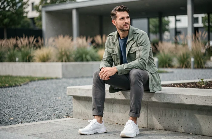 Homme jeune en veste cargo vert sauge et sweatshirt indigo assis dans un parc urbain moderne, style streetwear tendance 2024