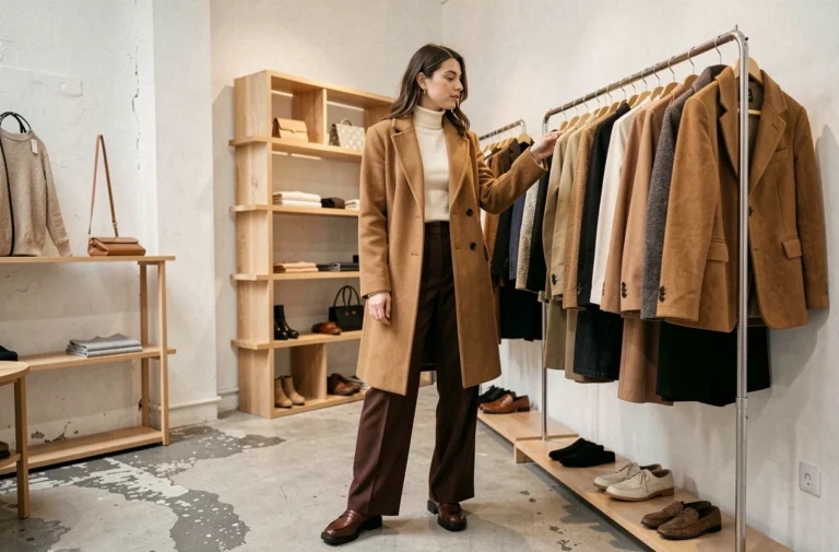Femme portant un manteau camel oversize et un pantalon large dans une boutique de mode parisienne, tendances automne-hiver 2024