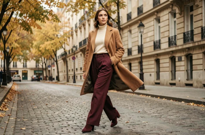 Femme élégante portant un manteau camel et un pantalon bordeaux tendance automne-hiver dans une rue parisienne en pavés