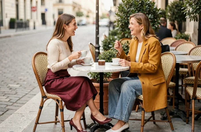 Deux femmes élégamment habillées en tenues tendance 2024 attablées à la terrasse d'un café parisien