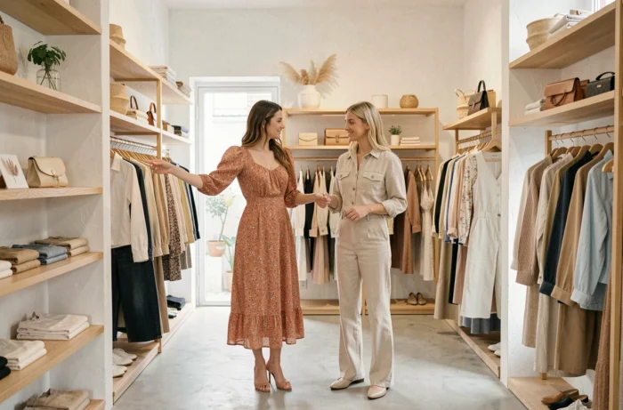 Deux femmes découvrant les nouvelles collections de mode dans une boutique minimaliste, robe florale et ensemble lin tendance saison