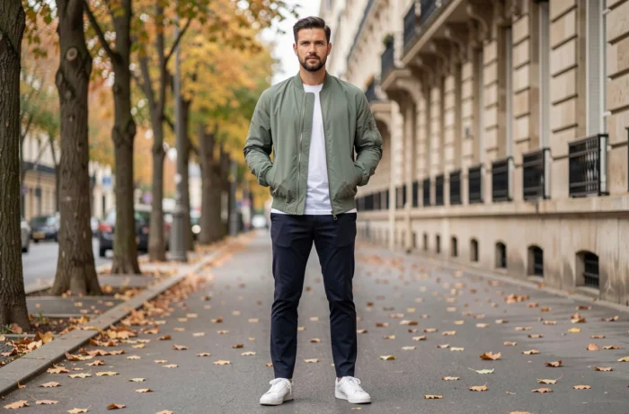 Homme en bomber vert sauge et sneakers blancs dans une rue parisienne aux couleurs d'automne, mode homme tendances 2024