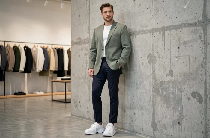 Homme stylé en blazer vert sauge et sneakers blanches dans un concept store moderne, tendances mode masculine printemps