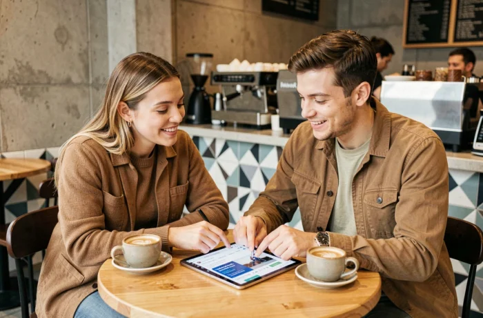 Deux jeunes professionnels discutant des dernières actualités technologiques autour d'une tablette dans un café urbain