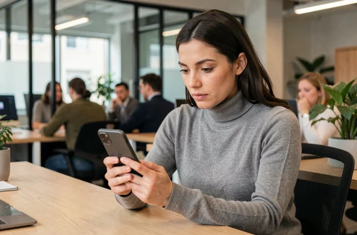 Femme explorant un smartphone pliable innovant dans un espace de travail tech moderne en 2024
