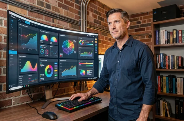 Homme devant un moniteur incurvé affichant des tableaux de bord d'intelligence artificielle dans un bureau à domicile