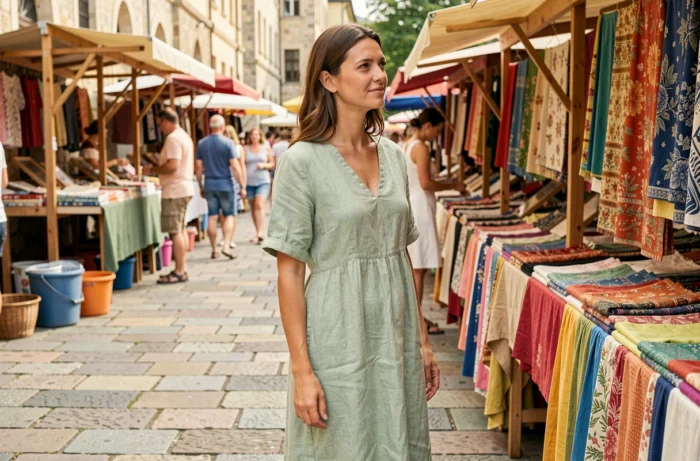 Femme en robe en lin légère vert sauge au marché d'été, tenue idéale pour les fortes chaleurs