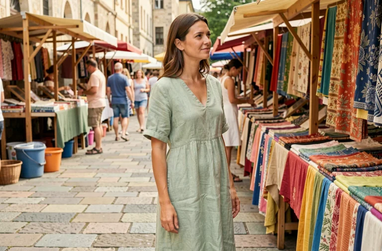 Femme en robe en lin légère vert sauge au marché d'été, tenue idéale pour les fortes chaleurs