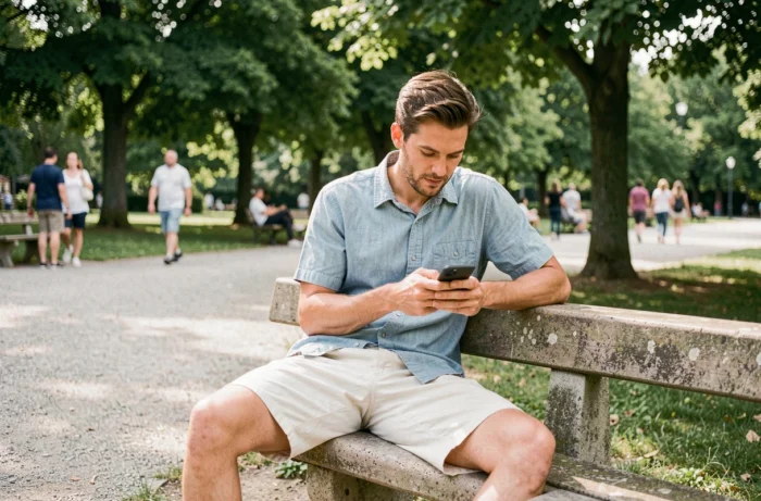 Homme en short chino et chemise chambray légère assis dans un parc en été, tenue homme contre la chaleur