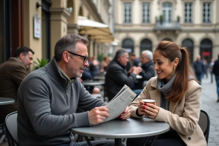 Terrasse de café animée près du Parlement de Bretagne à Rennes avec des habitants profitant d'un moment de détente en plein air