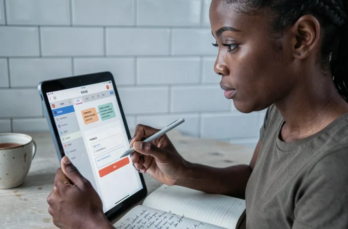 Jeune femme africaine testant une application mobile sur tablette et notant ses retours dans un carnet
