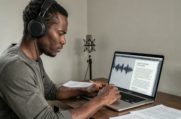 Homme africain effectuant de la transcription audio en français depuis son bureau à domicile avec un casque