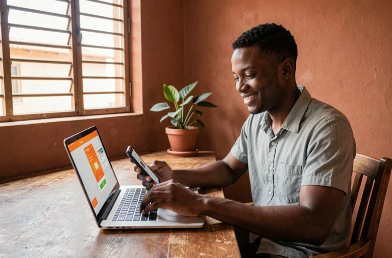 Jeune homme africain travaillant en ligne depuis chez lui avec un smartphone affichant Orange Money et un ordinateur portable
