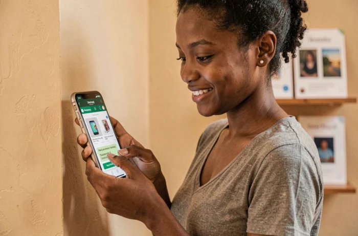 Jeune femme africaine vendant des produits numériques via WhatsApp sur son smartphone