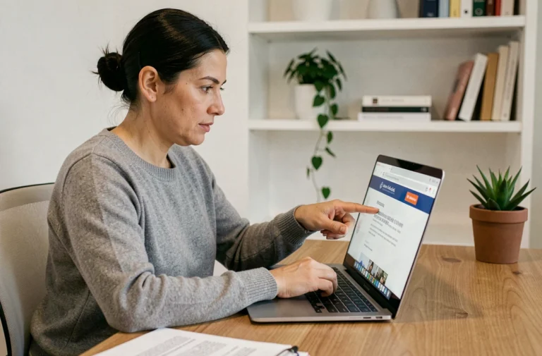 Femme vérifiant l'adresse URL officielle d'un site web sur son ordinateur portable dans un bureau à domicile